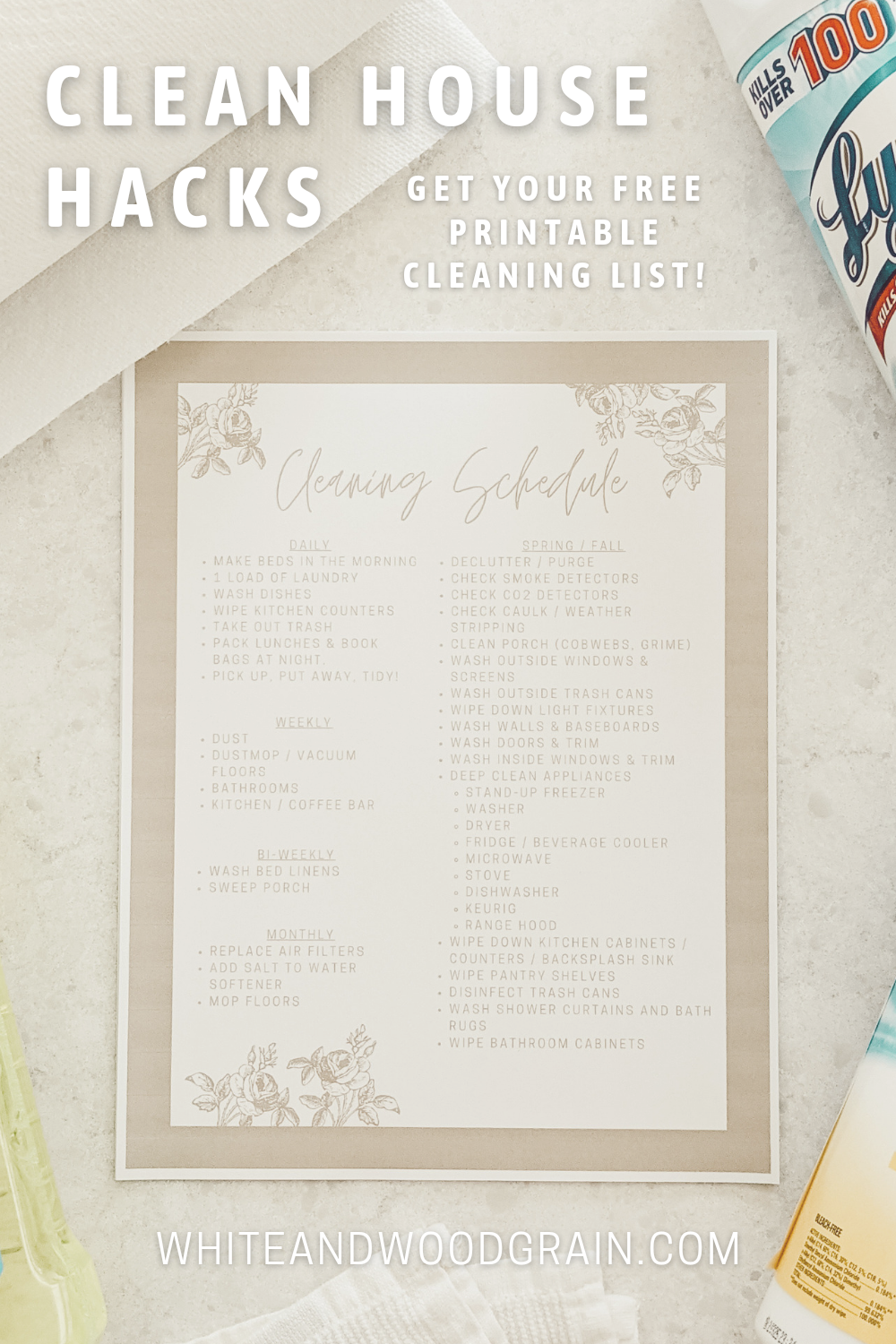 clean house hacks and a free printable cleaning list
