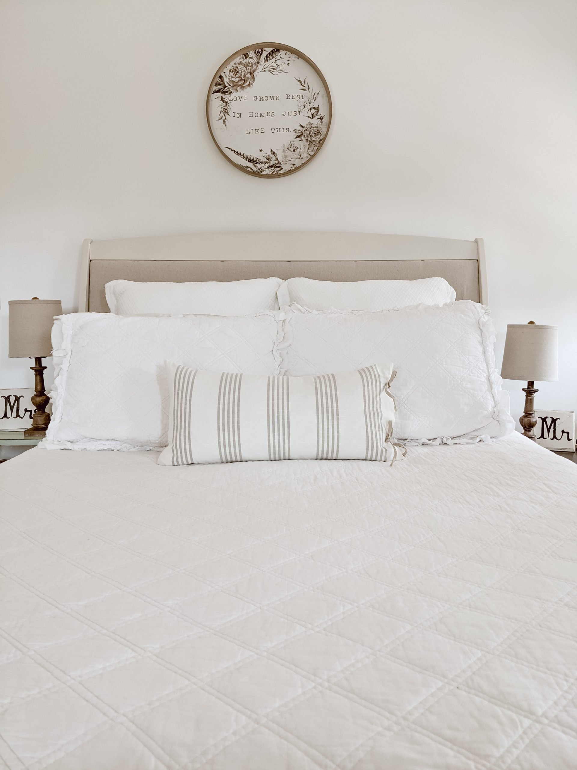 white and neutral toned french farmhouse bedding with DIY pillow covers