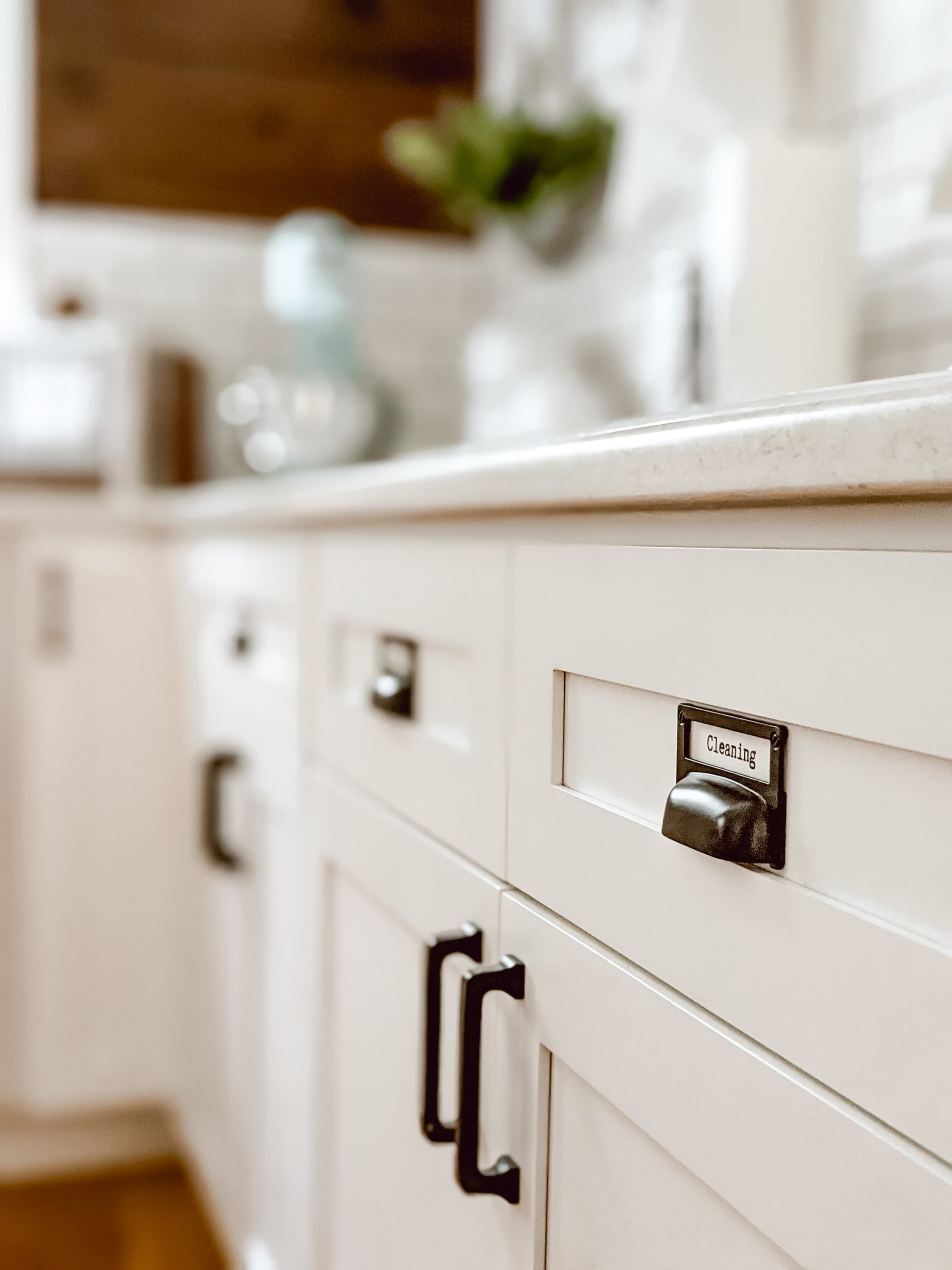 white shaker cabinets with black apothecary pulls