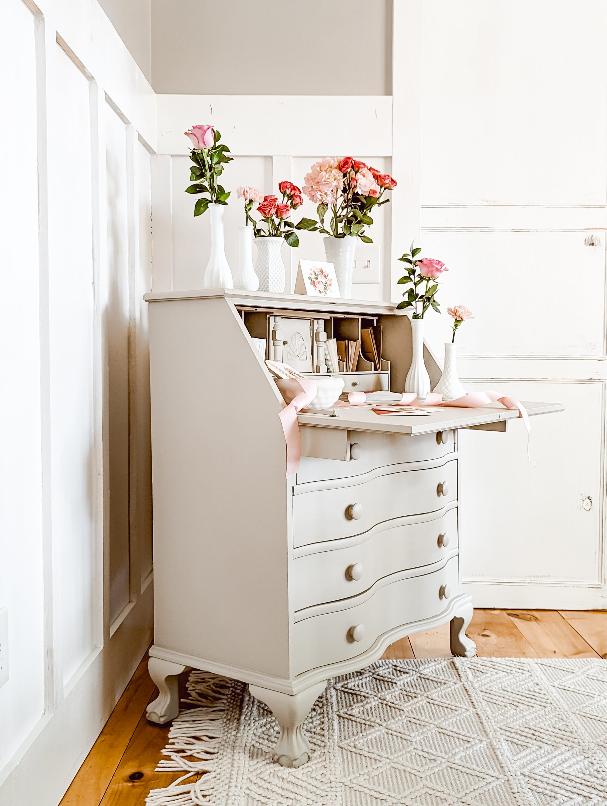 valentine's day decor and card writing station using an old secretary desk