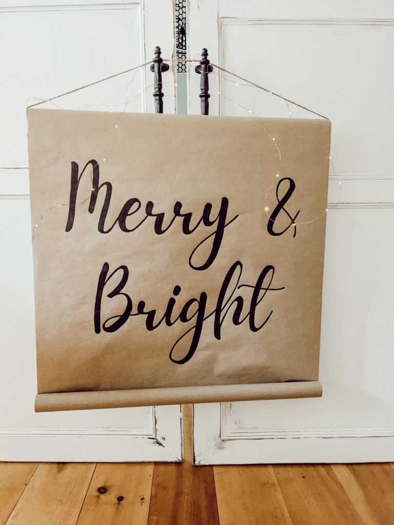 merry and bright Christmas themed DIY farmhouse scroll sign