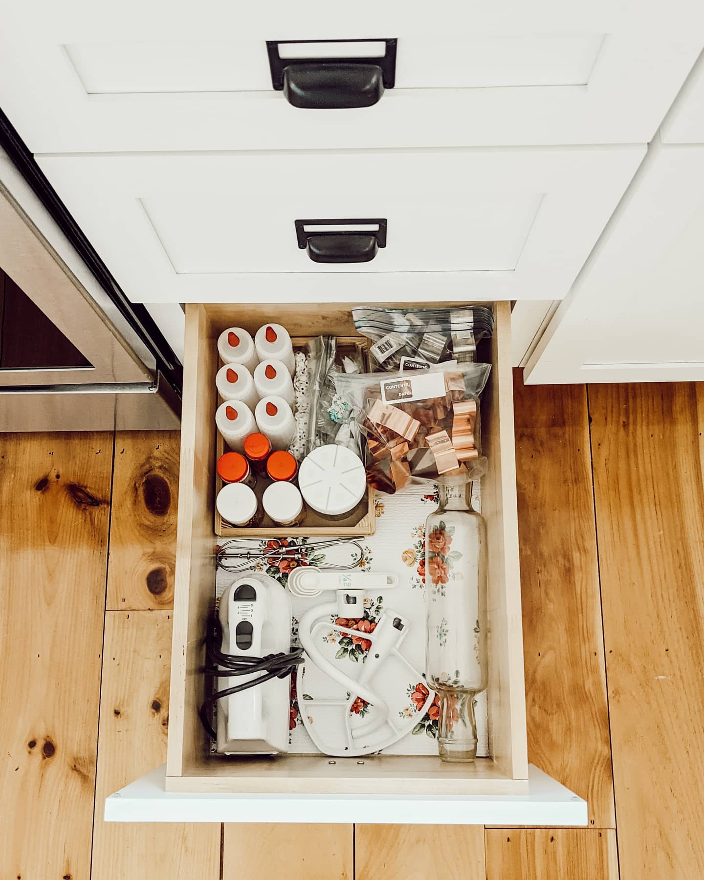 baking supplies organized into a kitchen drawer
