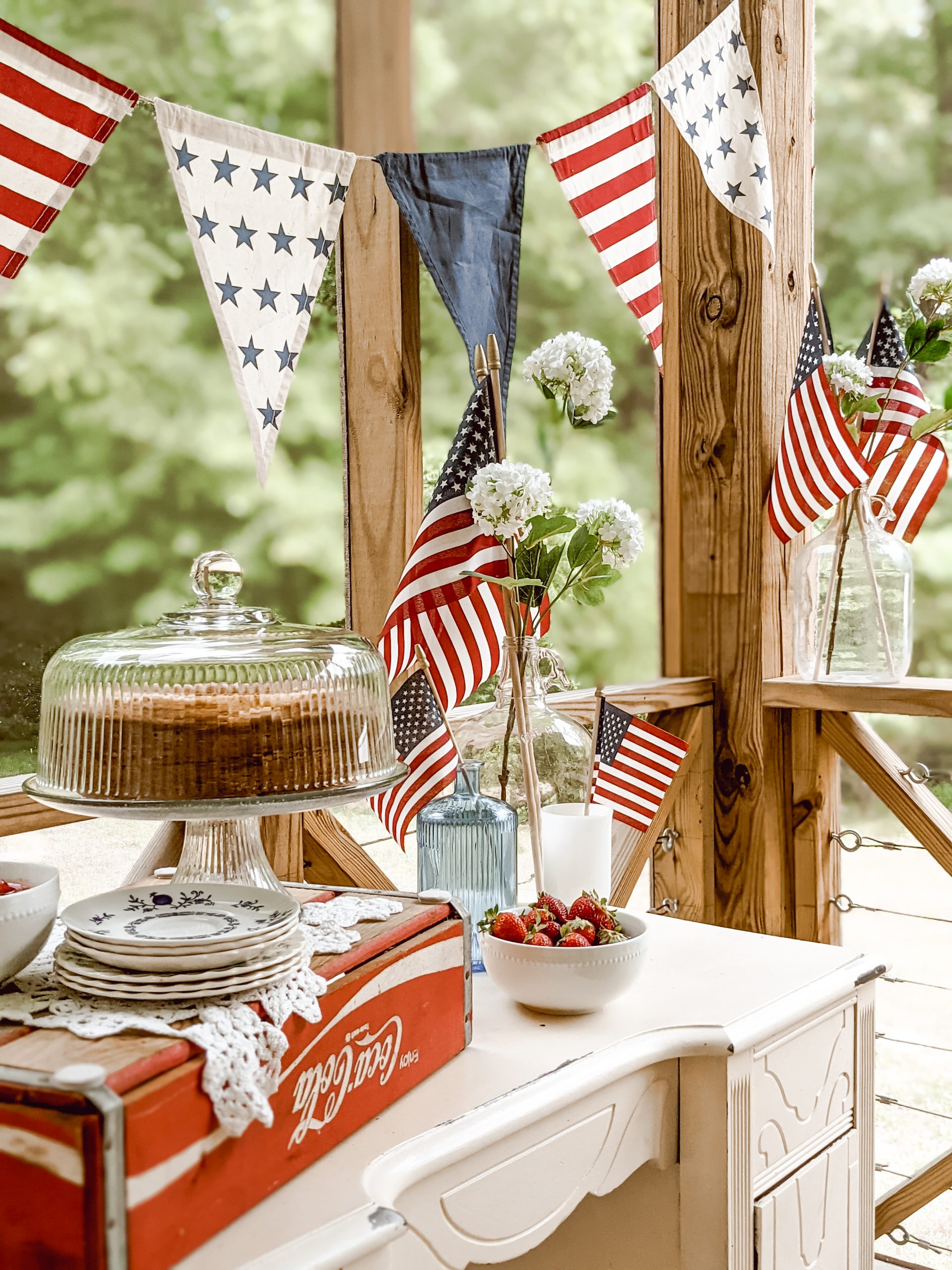 Memorial Day and 4th of July cake table with vintage decor