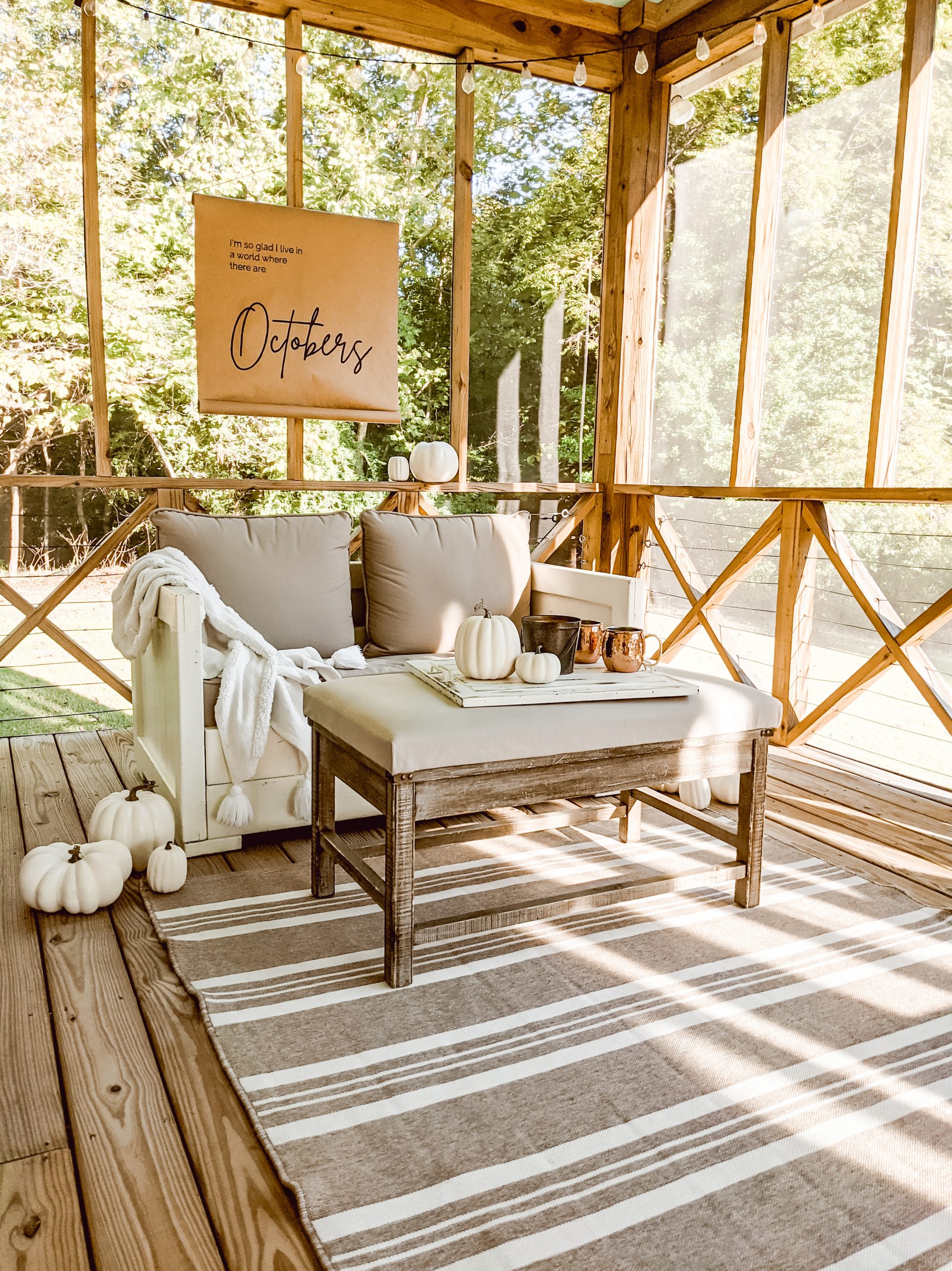 neutral farmhouse style cozy fall porch decor for screened in porch