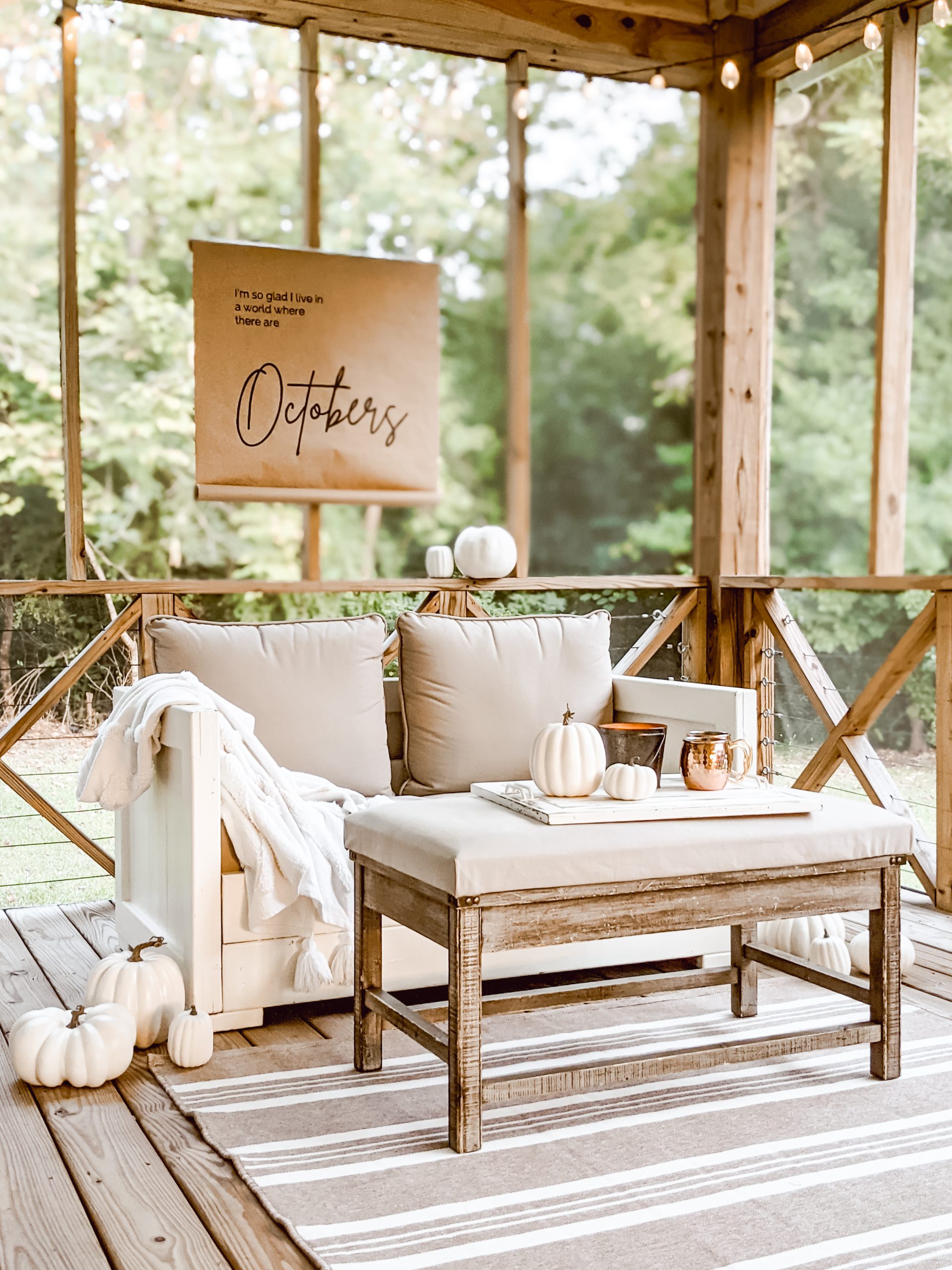screened in porch and neutral cozy fall porch decor
