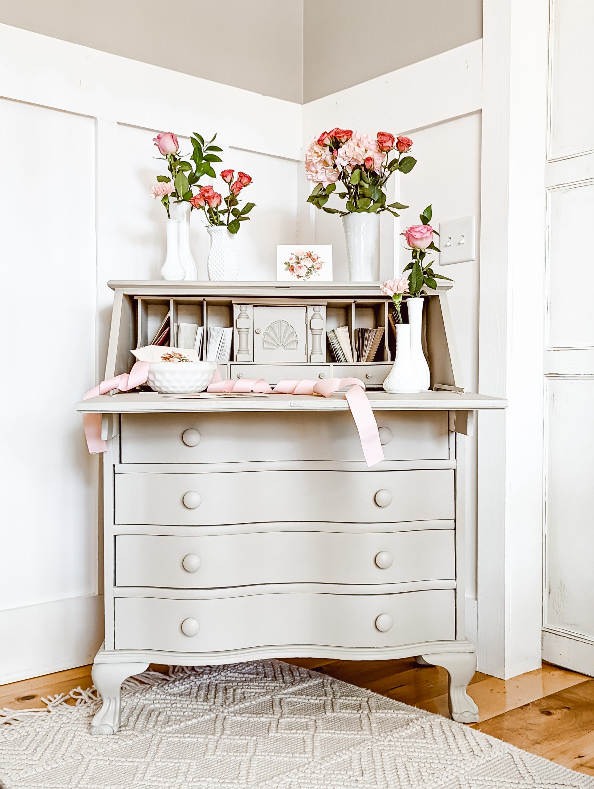 valentine's day decor and card writing station using an old secretary desk