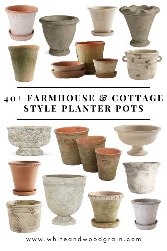 over 40 farmhouse and cottage style planter pots that look old and weathered