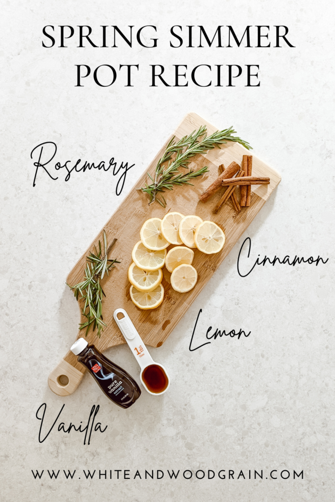 fresh smelling spring simmer pot recipe with sliced lemons, sprigs of rosemary, cinnamon sticks, and vanilla extract