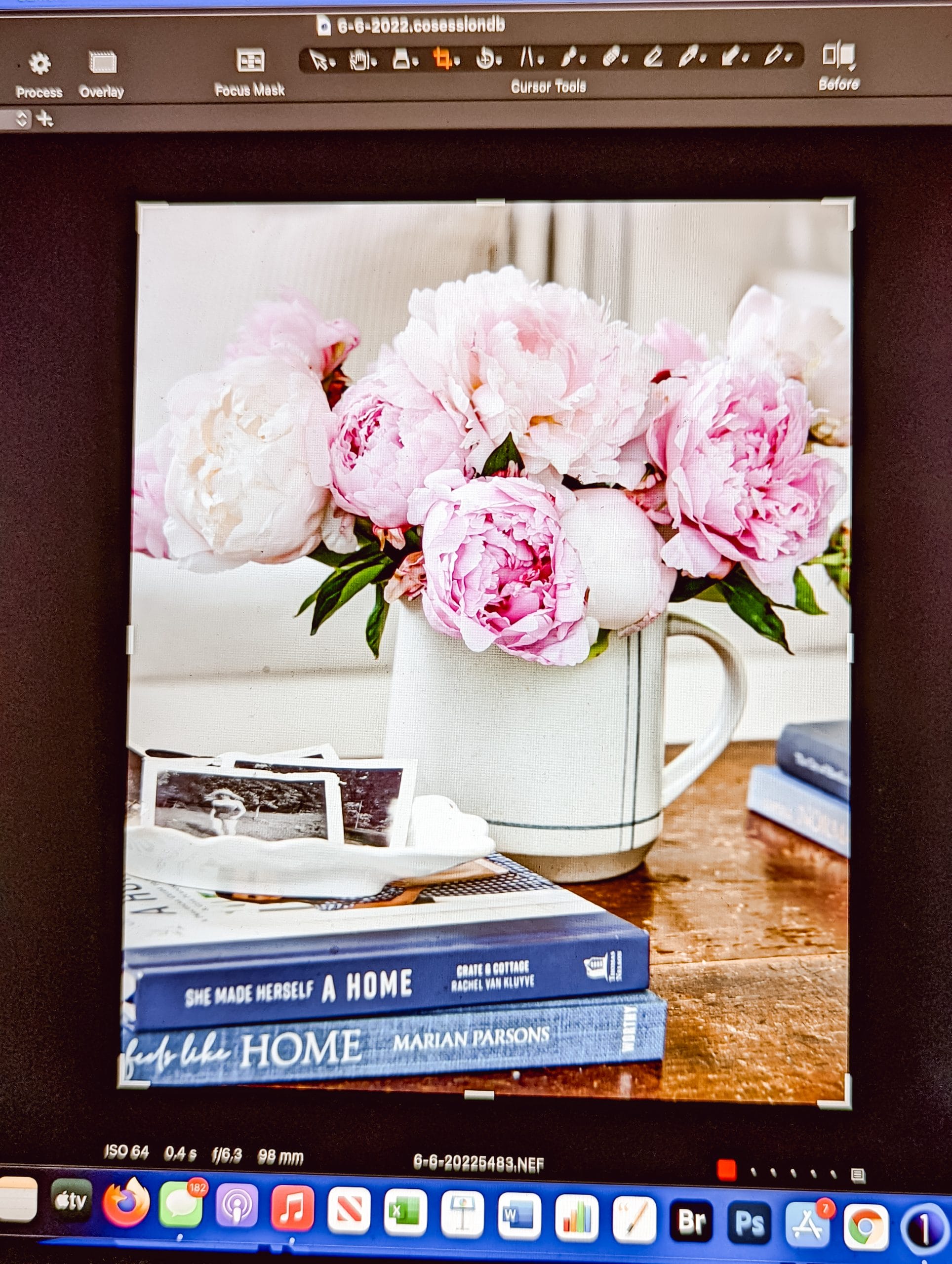 computer screen showing proof of photographer's photo of pink peonies and a stack of coffee table books