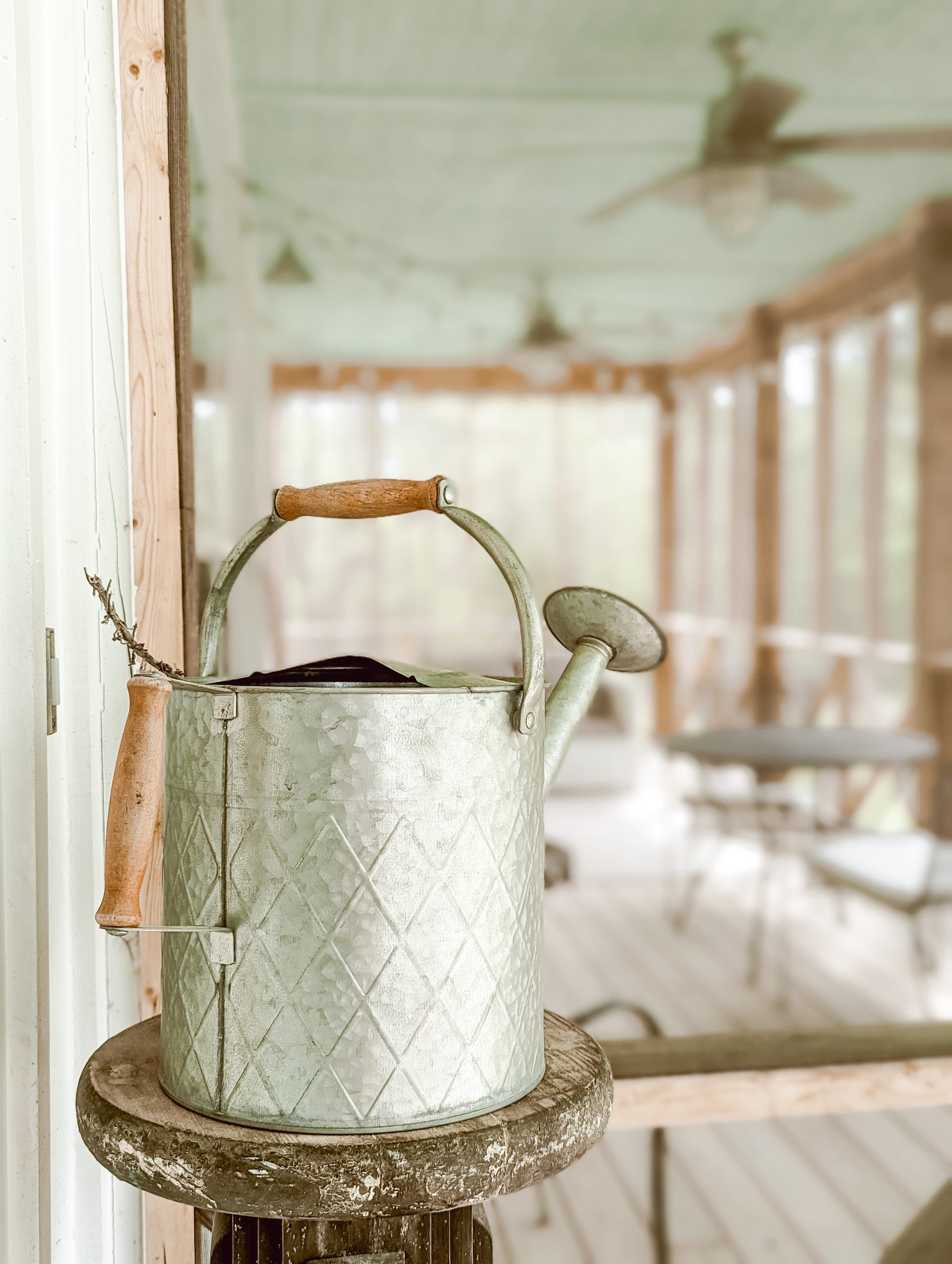 galvanized metal watering can with a twig poking out from the bird's nest inside the watering can