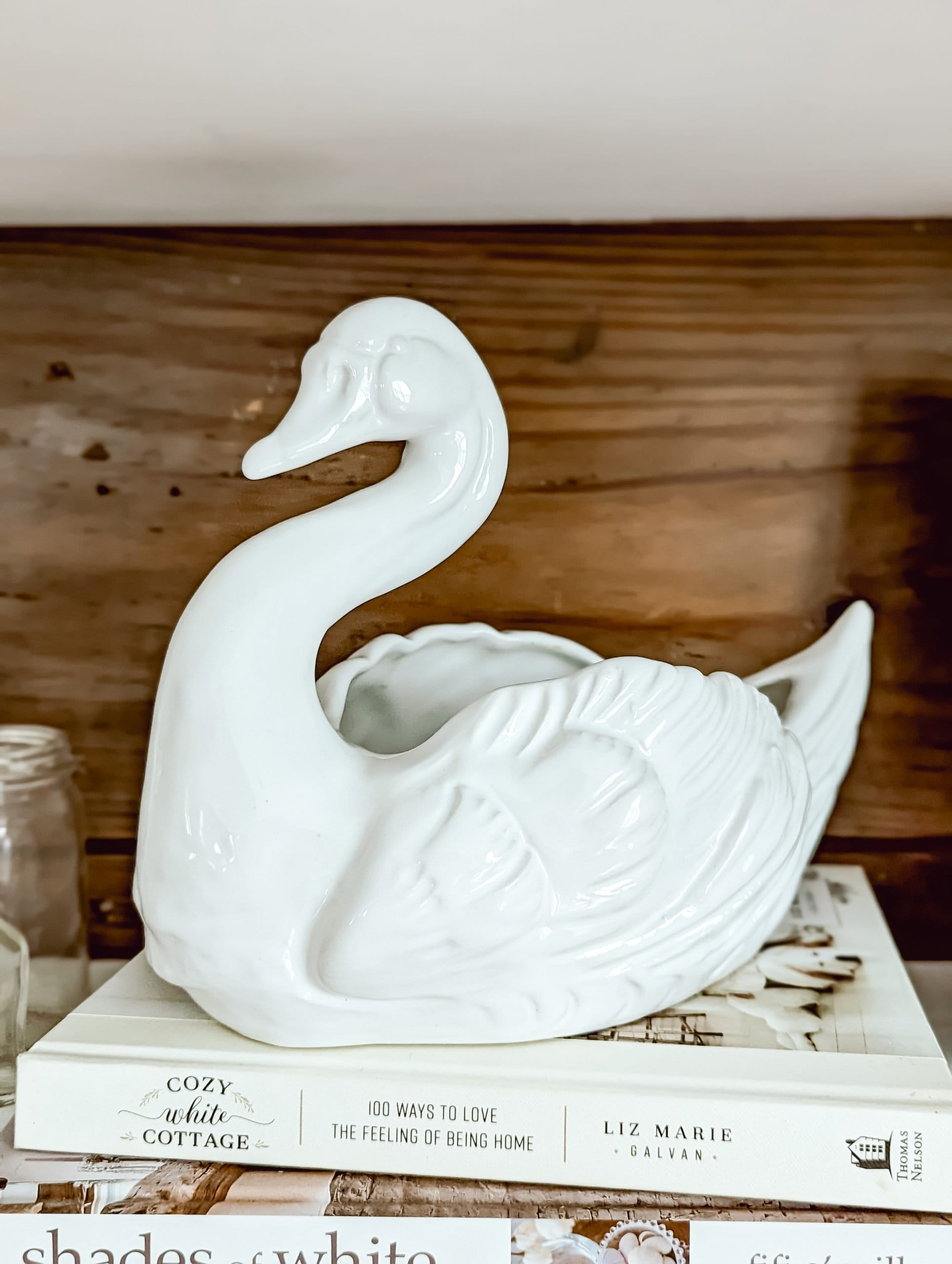 thrifted white ceramic vintage swan planter pot sitting on top of white coffee table books