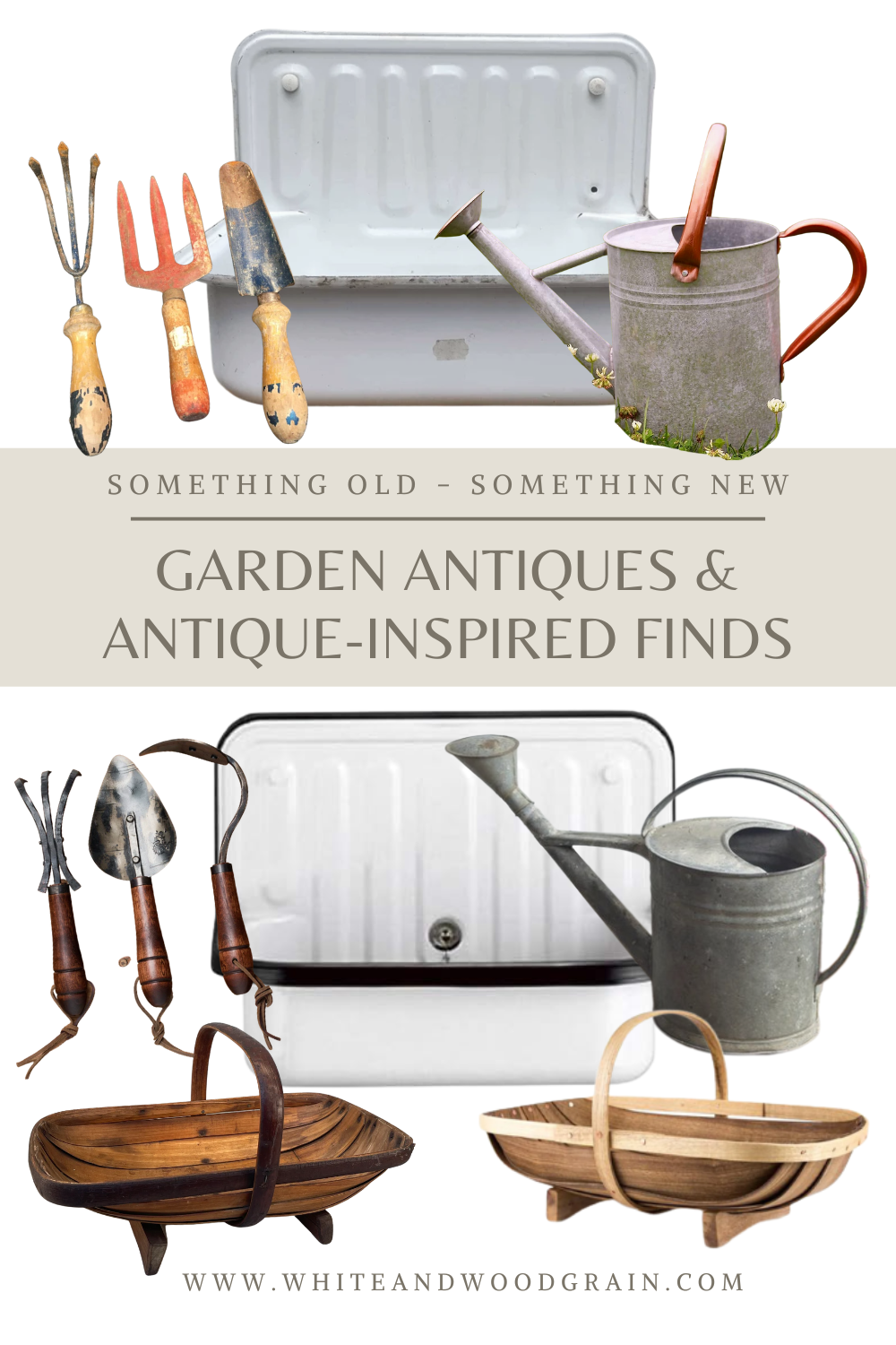 garden antiques and antique inspired gardening finds including galvanized watering cans, hand tools, enamel sink planters, and flower trugs