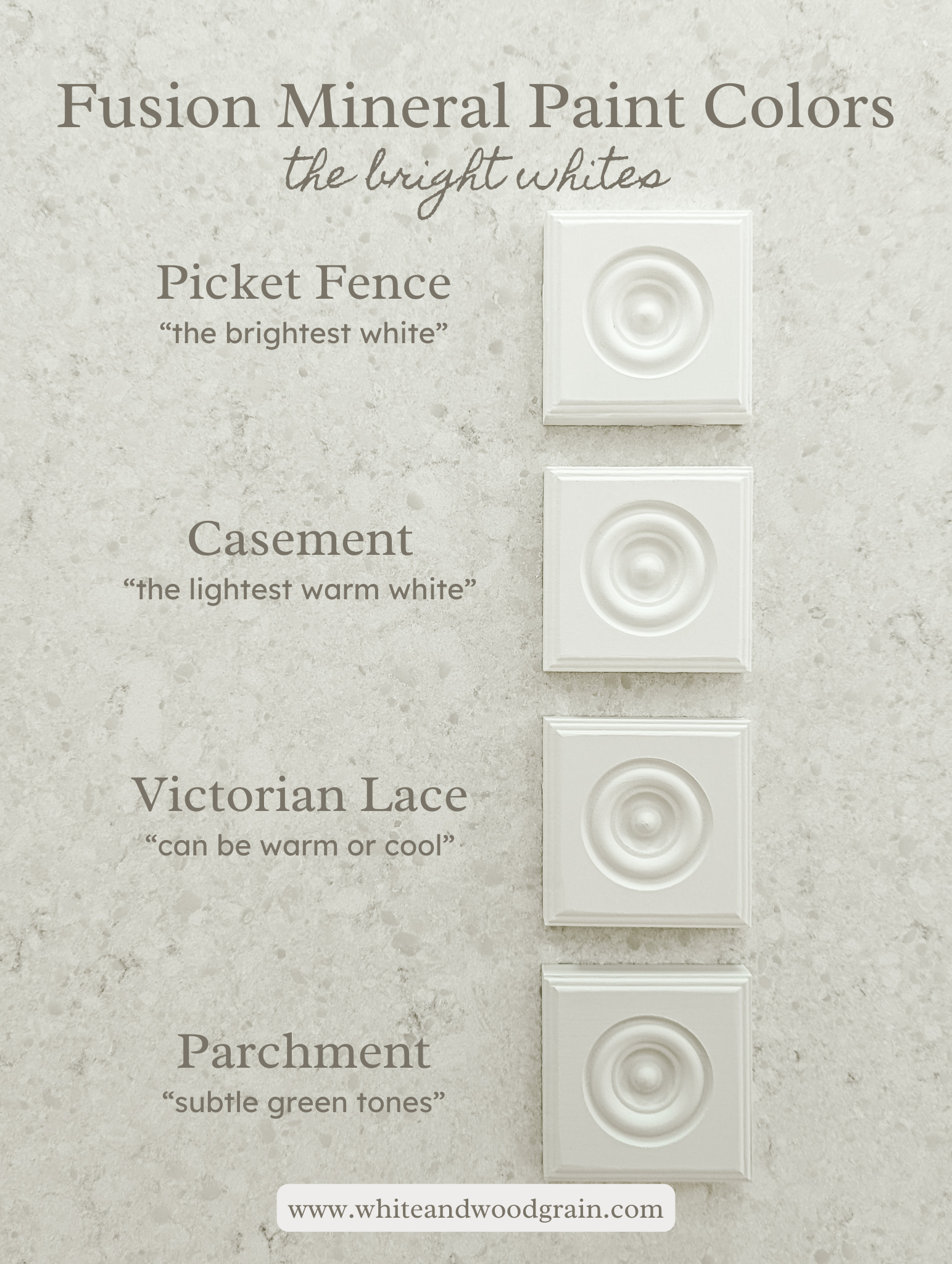 sampling all the white Fusion Mineral paint colors: picket fence, casement, victorian lace, and parchment