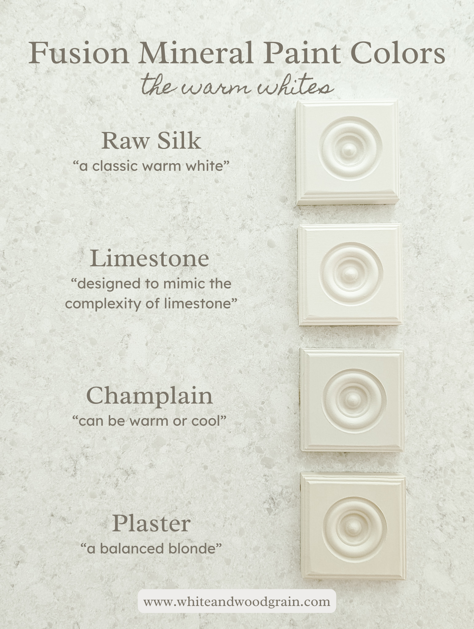 sampling all the warm white Fusion Mineral paint colors: raw silk, limestone, champlain, and plaster