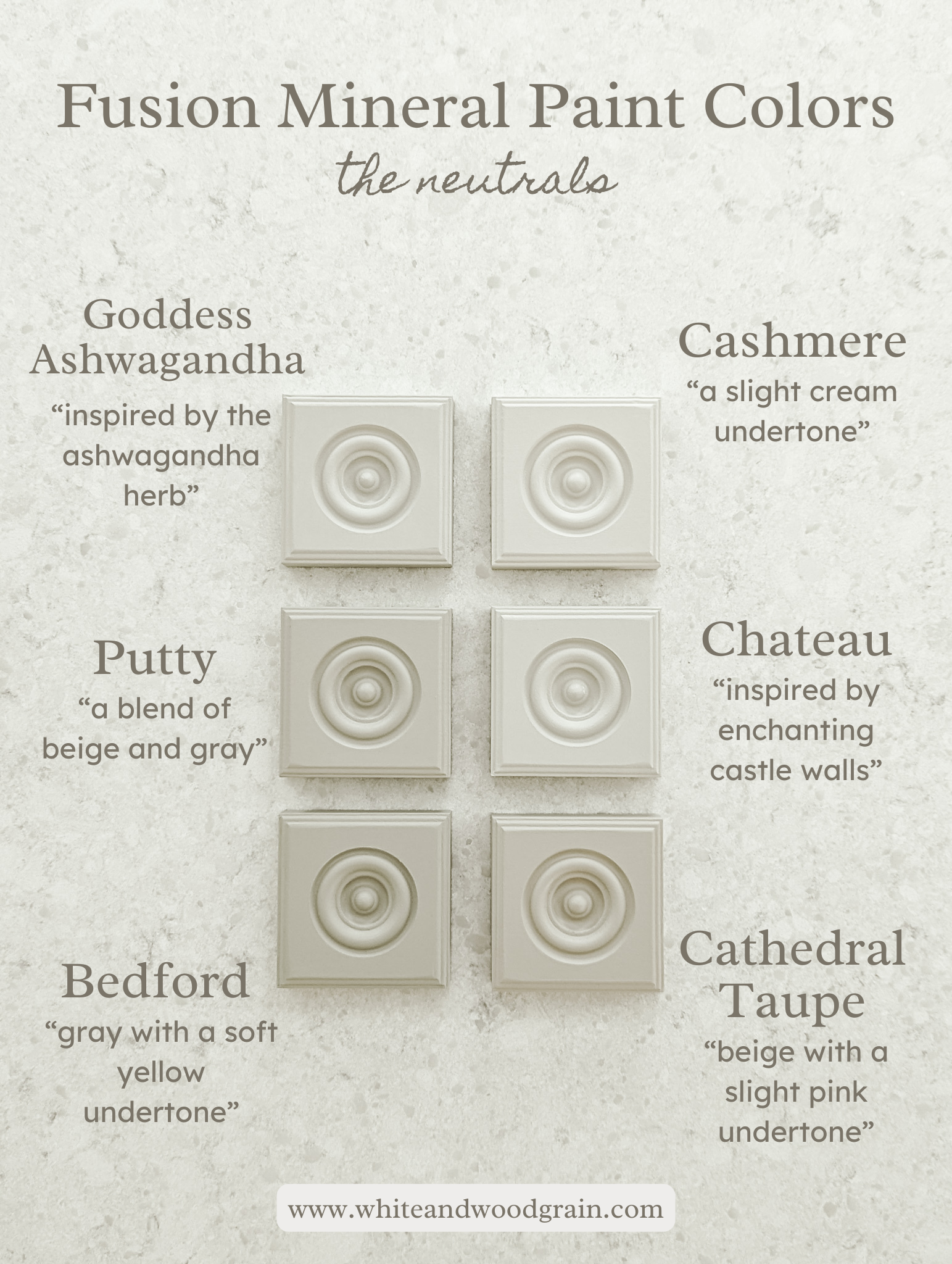 a color comparison of all the neutrals from Fusion Mineral Paint including Putty, goddess ashwagandha, cashmere, chateau, bedford, and cathedral taupe,