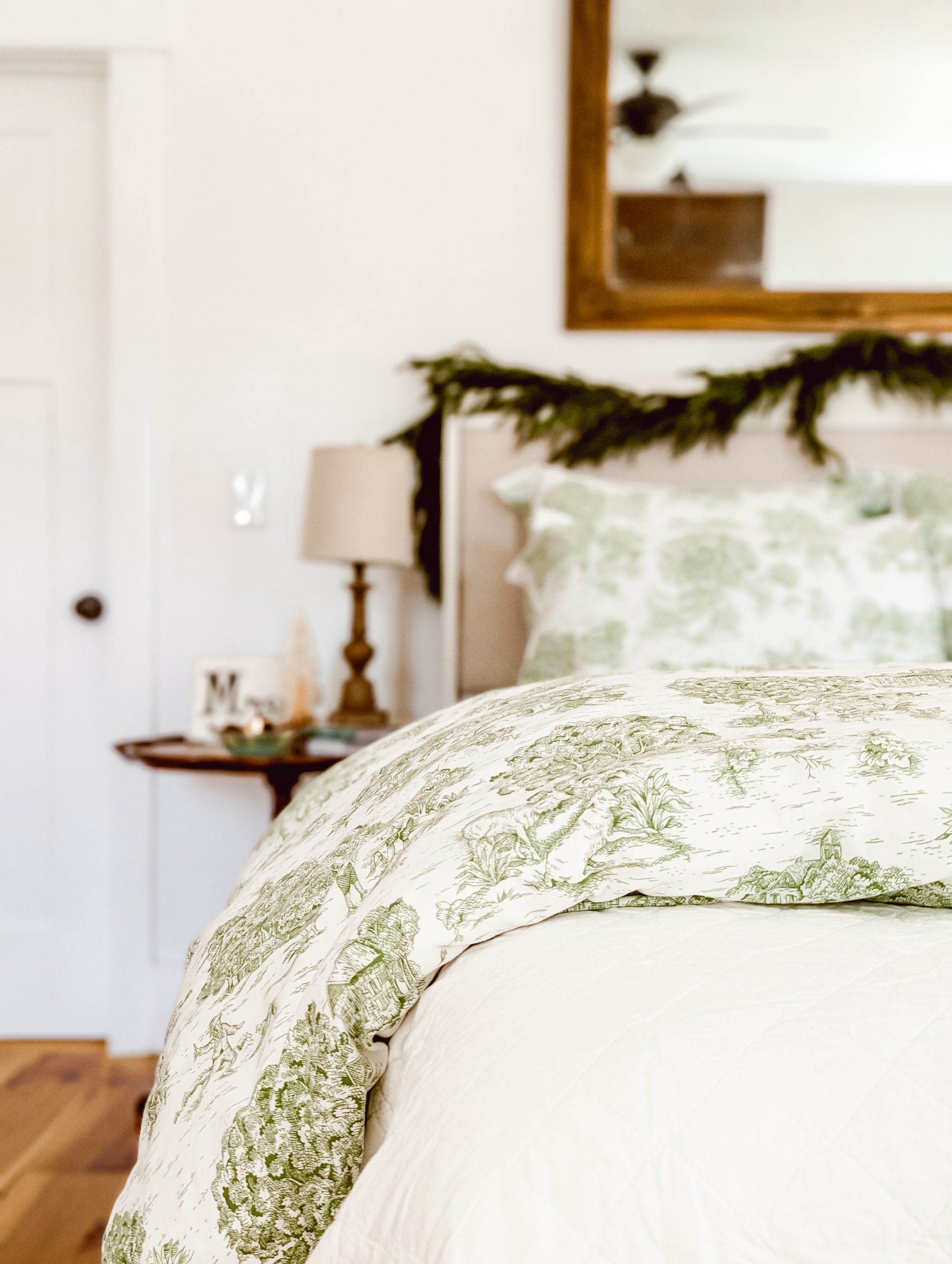 green toile duvet from Red Land Cotton styled in a french country farmhouse bedroom for Christmas