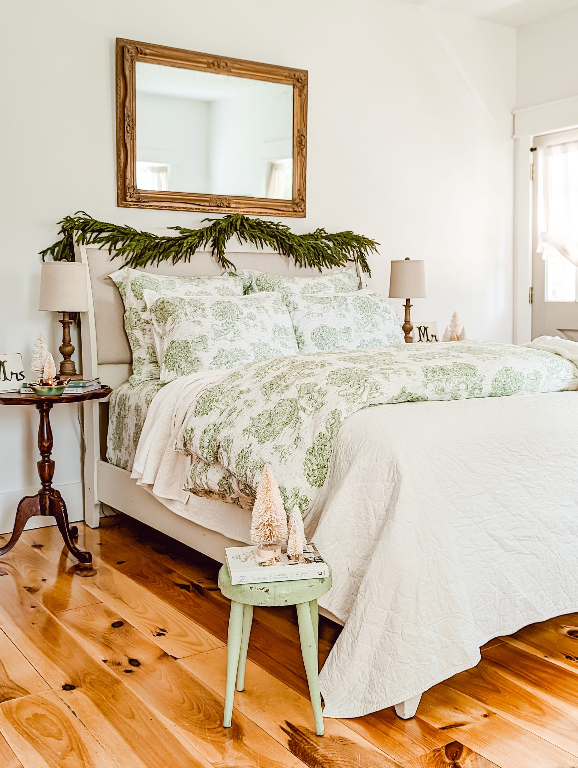 green toile bedding from Red Land Cotton styled in a french country farmhouse bedroom for Christmas