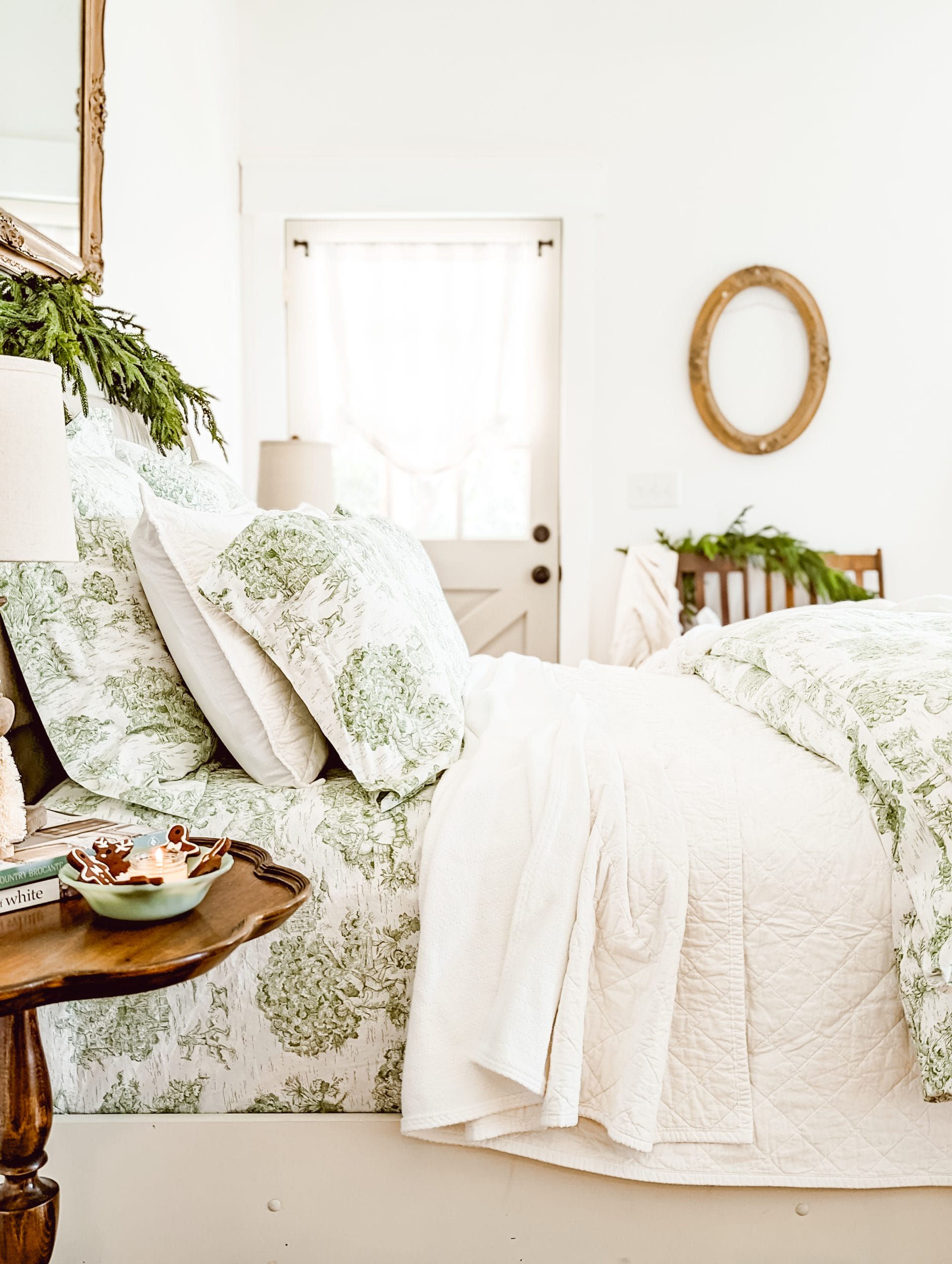 green toile bedding from Red Land Cotton styled in a french country farmhouse bedroom for Christmas