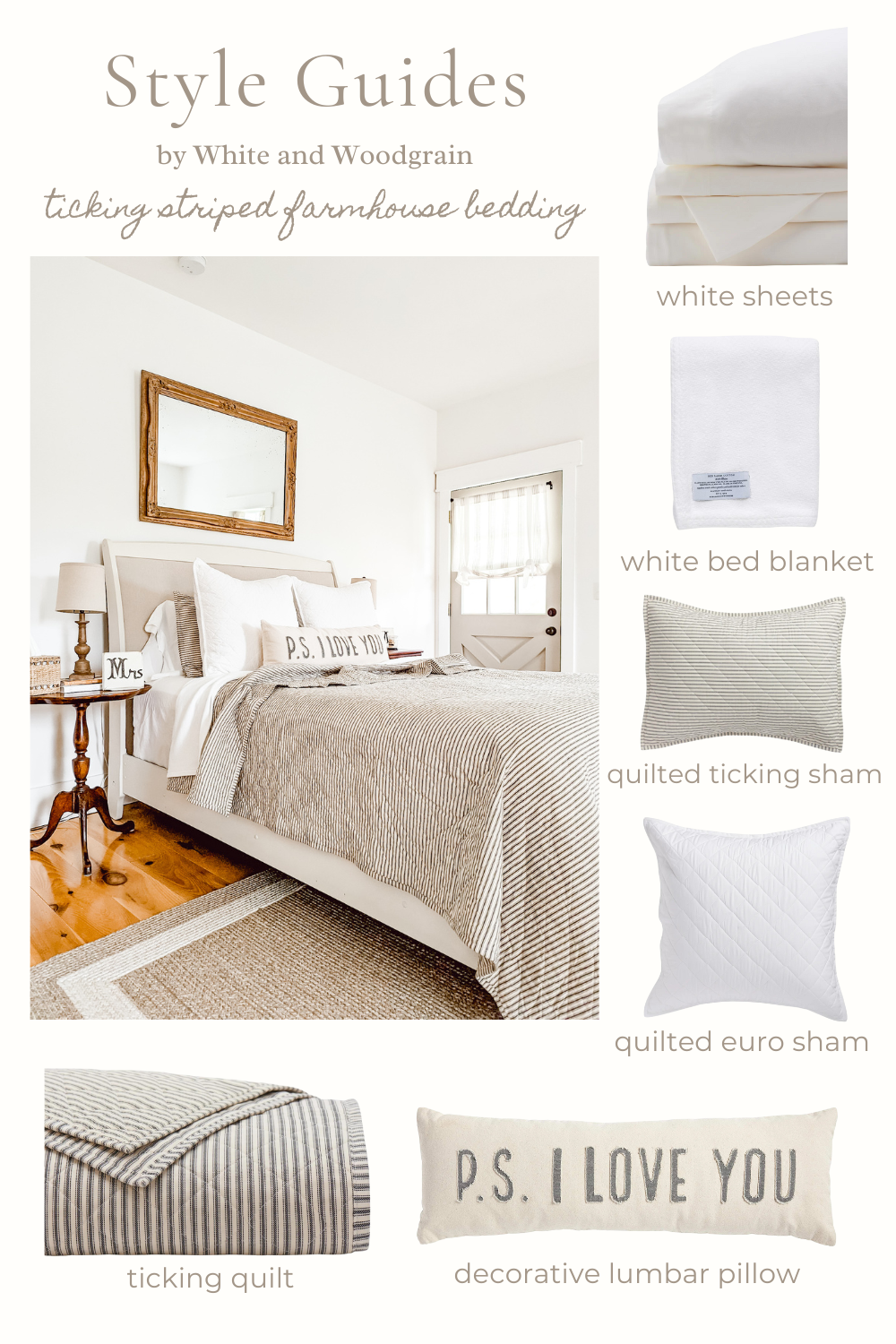style guide that shows you how to layer and style your farmhouse ticking stripe bedding like a designer