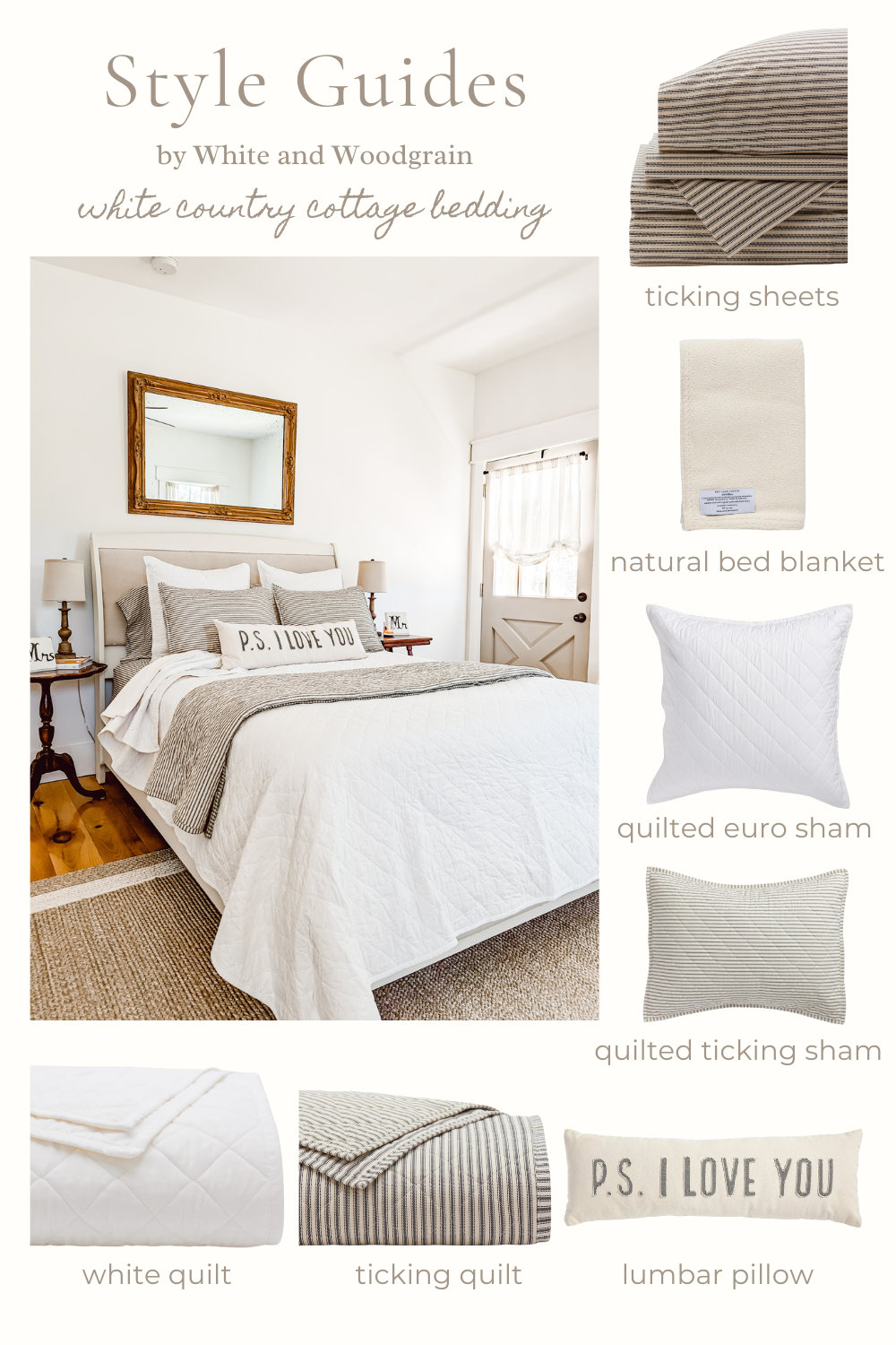 style guide that shows you how to layer and style your white country cottage bedding like a designer